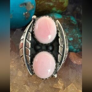Pink conch double stone shadowbox southwestern Sterling silver ring